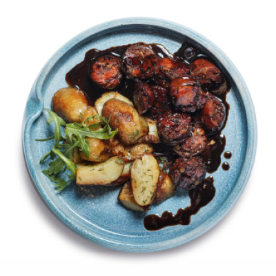 Купати з печеною картоплею/Kupati-a homemade Georgian sausage with satsebeli sauce and red adjika, baked potatoes and greens