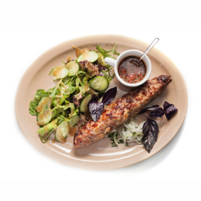 Люля-кебаб/Lula-keb of veal and lamb mix with salad and gebjalia sauce
